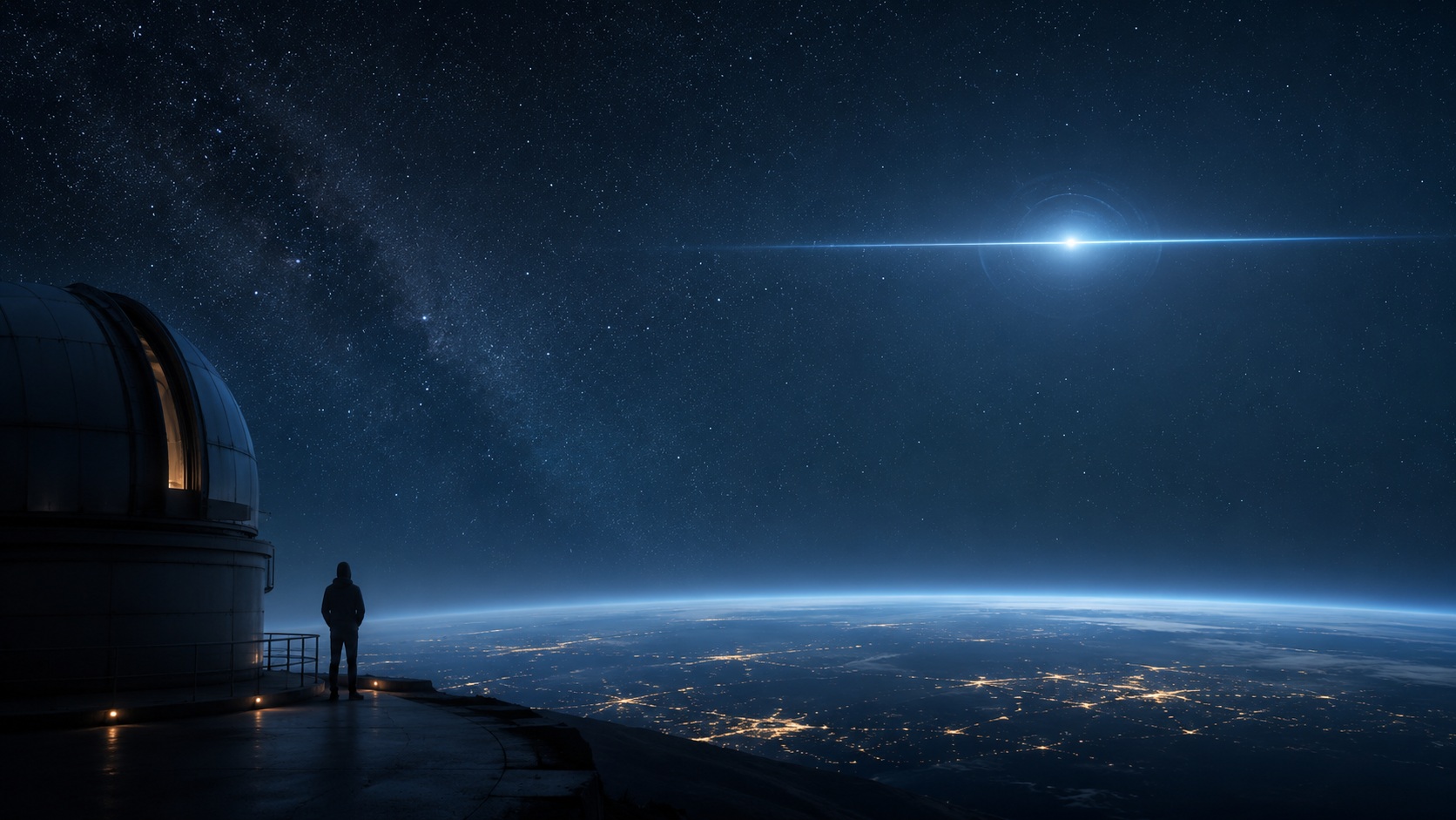 Silhouette eines Beobachters, der von einem Observatorium in den Sternenhimmel blickt, ein helles Objekt am Firmament
