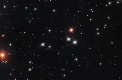Verstreute weiße und rote Sterne des jungen offenen Sternhaufens Messier 35 vor schwarzem Hintergrund