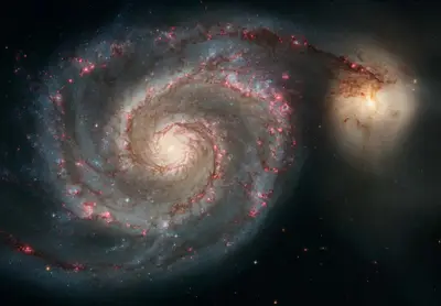 Die Strudelgalaxie Messier 51 mit ihren ausgeprägten Spiralarmen und der Begleitgalaxie NGC 5195