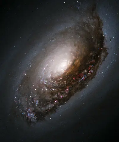 Hubble-Aufnahme der Black-Eye-Galaxie M64 mit einem dunklen Staubband vor dem hellen Kern
