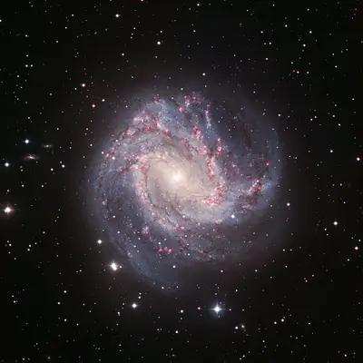 Weitwinkelaufnahme der Balkenspiralgalaxie M83 mit Spiralarmen voller rubinroter Wasserstoffwolken und blauer Sternhaufen